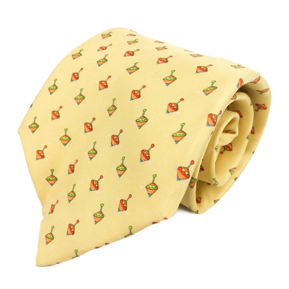 Salvatore Ferragamo 100% Silk Tie Men’s Yellow Spinning Tops Fun Playful Work